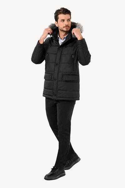 Ysf Erkek Siyah Kürklü Yaka Kaban