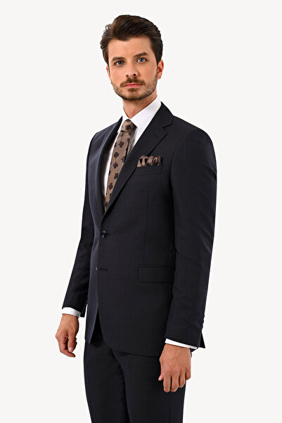 Ysf Erkek Lacivert Kahve Kareli Klasik Takım Elbise