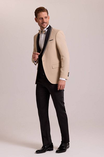 Ysf Men's Beige Slim Fit Shawl Collar Vest Groom Suit