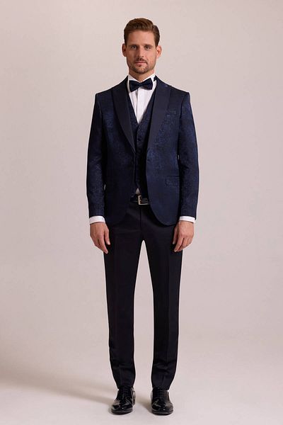 Ysf Men's Navy Blue Slim Fit Swallow Collar Patterned Groom Suit