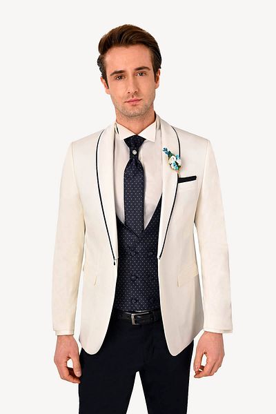 Ysf Men's Cream Slim Fit Mono Collar Vest Groom Suit