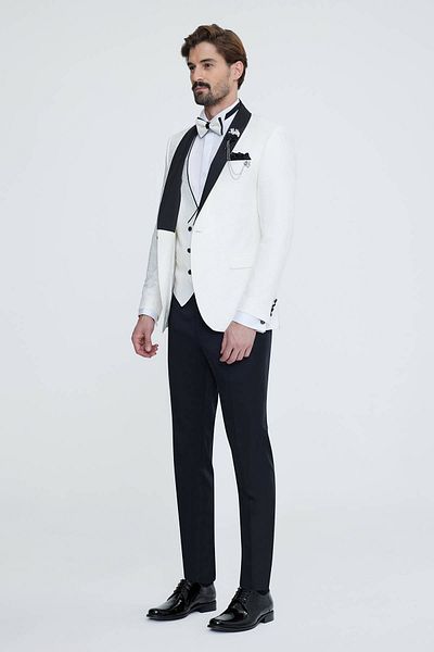 Ysf Men's White Slim Fit Shawl Collar Patterned Groom Suit
