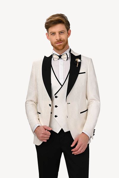 Ysf Men's White Groom Suit Slim Fit Swallow Collar Patterned