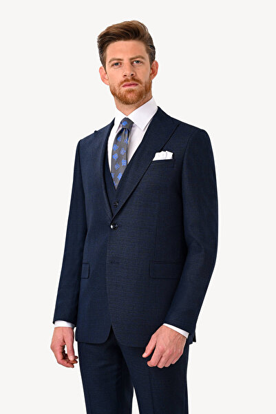 Ysf Erkek Lacivert Regular Fit Sivri Yaka Yelekli Takım Elbise
