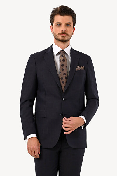 Ysf Erkek Lacivert Kahve Kareli Klasik Takım Elbise