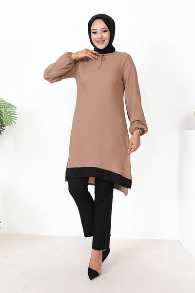 Moda Ebva Hijab Tunic with Elastic Sleeves-3160 Mink