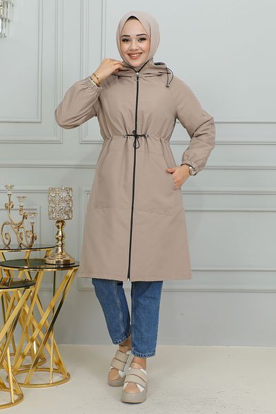 Moda Ebva Waist Tied Hooded Trench Coat-1905 Mink