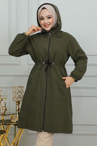 Moda Ebva Tie Waist Hooded Trench Coat-1905 Khaki green