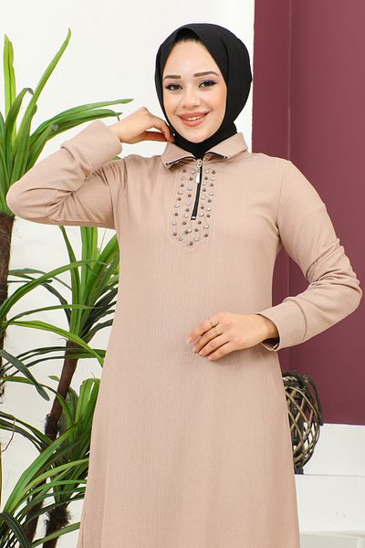 Moda Ebva Stone and Pearl Detailed Hijab Tunik-3162 Mink