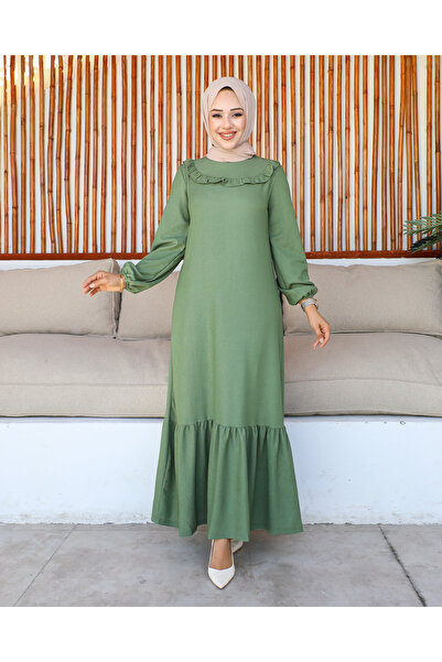 Moda Ebva Kolu Lastikli Fırfır Detay Tesettür elbise-3161 Suyeşili