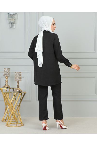 LAVİEN FASHİON Shirt Collar Brooched Double Suit-4010 Black
