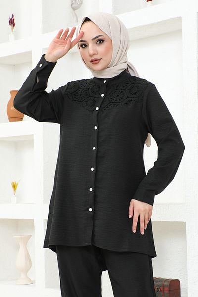 Neva Lace Double Hijab Set-3328 Black