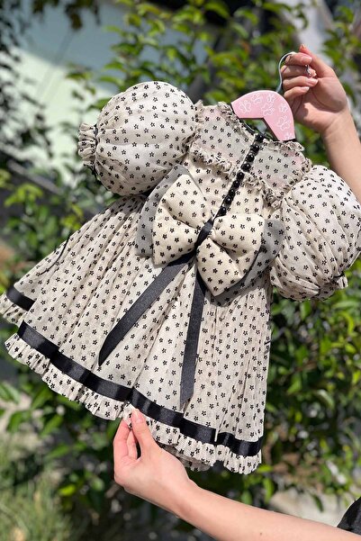 Bertuğ Bebek Çiçek Baskılı Şifon Tül Abiye Kız Çocuk Bebek Kısa Kol Camel Siy...