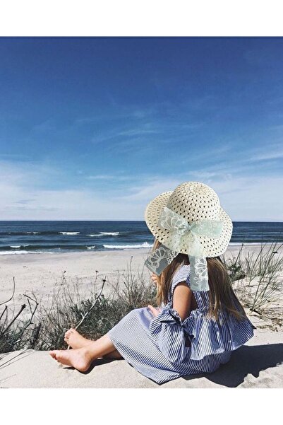 By Piera Kız Çocuk Organze Tül Fiyonklu Hasır Şapka 9813