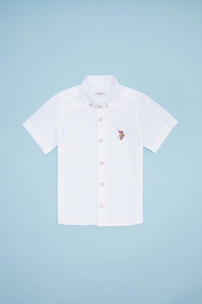 U.S. Polo Assn. Cămașă pentru băieți - mânecă scurtă, aspect in 100% bumbac, albastru bleumarin alb albastru deschis culoare piatră, 3-13 ani