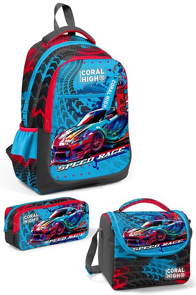 Coral High Set de 3 genți de școală cu model de mașină de curse gri albastru - SET 0123652