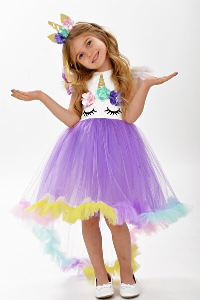 Buse&Eylül Bebe Unicorn Leylak Kuyruk Detaylı Gökkuşağı Taçlı Kız Çocuk Parti Elbisesi