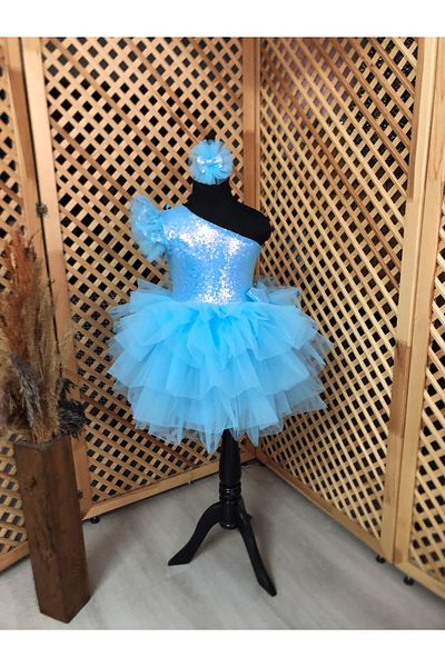 babysmile One Shoulder Blue Hologram Tutu Dress