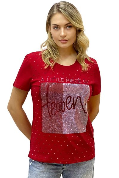 RICH GLAM Heaven Crystal Stone Large Size Crew Neck Cotton Red Women's T-Shirt L XL 2XL 3XL