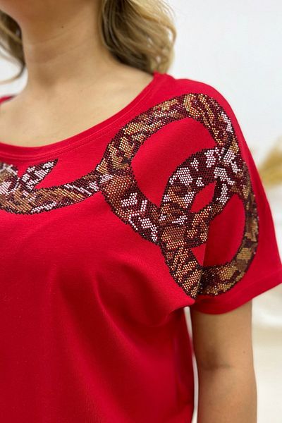 RICH GLAM Loose Fit Leopard Crystal Stone Large Size Red Stylish Comfortable Women's T-shirt