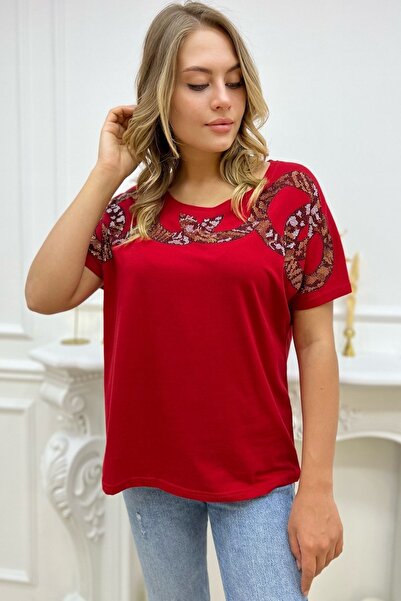 RICH GLAM Loose Fit Leopard Crystal Stone Large Size Red Stylish Comfortable Women's T-shirt