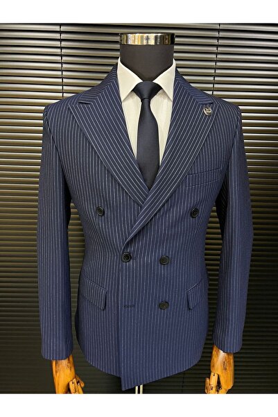 Terziayhan lacivert slim fit çizgili kemik düğme kruvaze