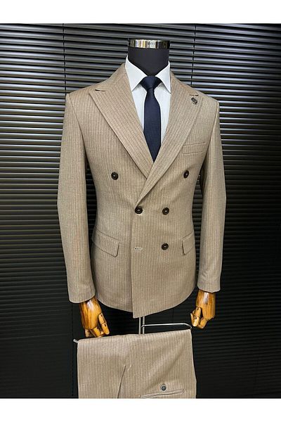 Terziayhan brown slim fit striped bone button double breasted