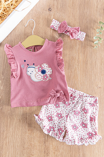 Babymod Çiçek Desenli Fırfırlı 3'lü Yazlık Kız Bebek Takım