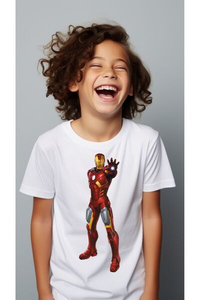 PHAMUK Kısa Kollu Bisiklet Yaka Erkek Çocuk Beyaz Tshirt Iron Man Baskılı Pamuklu Body
