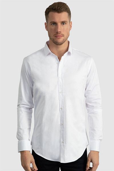 Tudors Slim Fit Μακρυμάνικο Lycra Απλό βαμβακερό σατέν ανδρικό λευκό πουκάμισο