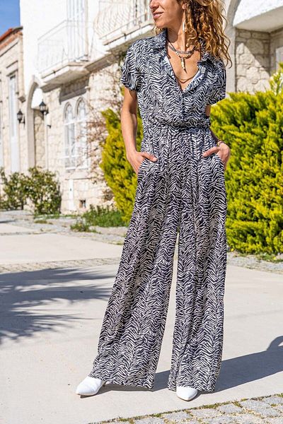 Güneşkızı Women's Black Satin Elastic Waist Pocket Wide Leg Jumpsuit Bst3235