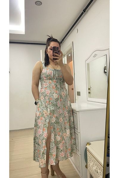 NESLİHAN KOCA Floral Γυναικείο Φόρεμα Πράσινο Μέντα Φόρεμα με τσέπες στο πλάι