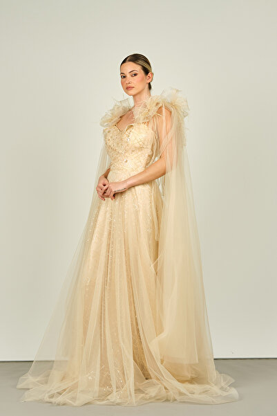 ÖMÜR INN Ömür Inn Kadın Kolu Tül ve Otrişli Fiyonk Süslemeli Uzun Abiye Elbis...