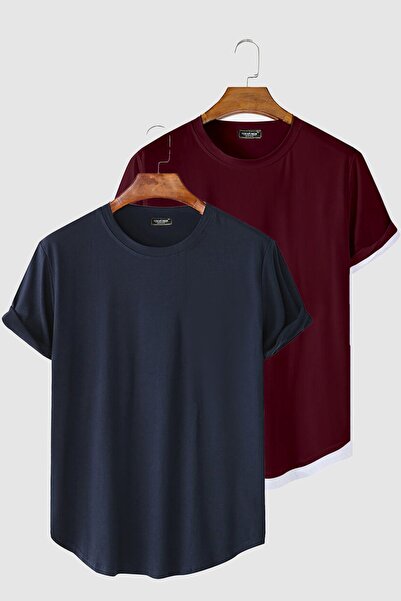 BUCADO Pack of 2 Men's Navy Blue-Claret Red Sleeves Layered Oval Cut Pocketle...