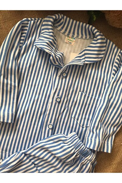 BEKA Erkek Çocuk Mavi Önden Düğmeli Çizgili Pijama Takımı
