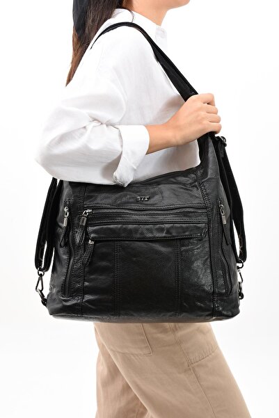 571 Collections Çanta Black Faux Leather Soft Shoulder Bag - Backpack (Model: 571-11-13B)