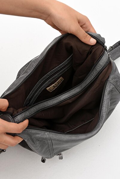 571 Collections Çanta Gray Faux Leather Soft Shoulder Bag - Backpack (Model: 571-11-13B)