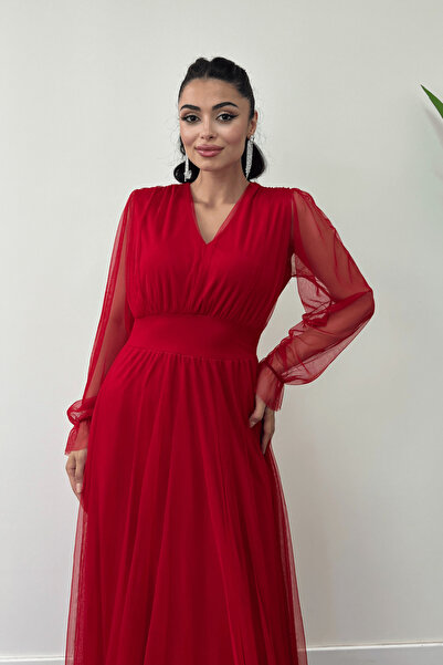 giyimmasalı Tulle Fabric Gather Detailed Maxi Dress - RED