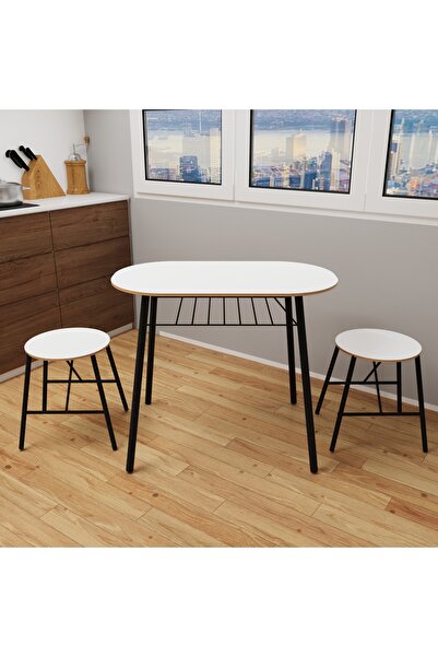 eportatif Masa Sandalye Takımı Oval Mutfak Masası Tabure Takımı Yemek Masası Beyaz 1240