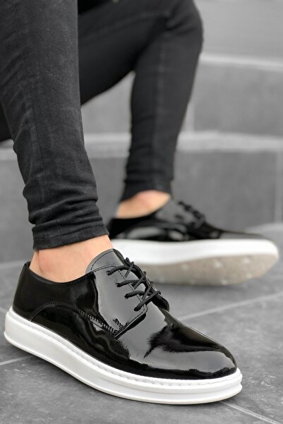 BOUIS Men's Black White Patent Leather Lace-Up Casual Daily Shoes High Thick Sole Light Comfortable Sole Sneaker