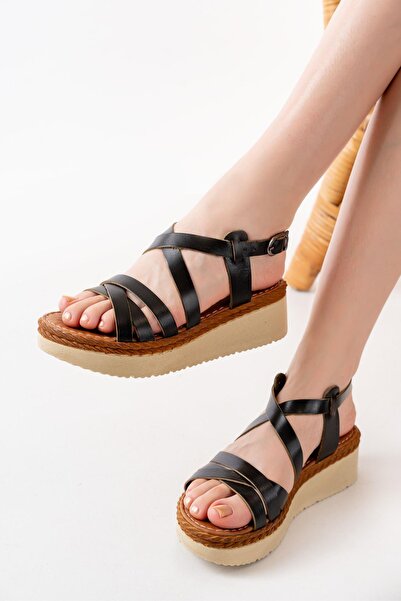 Aymood 730-153 Siyah Ortopedik Hakiki Deri Dolgu Kadın Sandalet