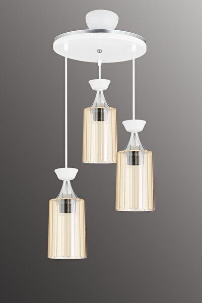 Docklight Sarkıt Tepsi Beyaz 3'lü Boru Mika Bal Camlı Krom Şeritli Modern Aşa...