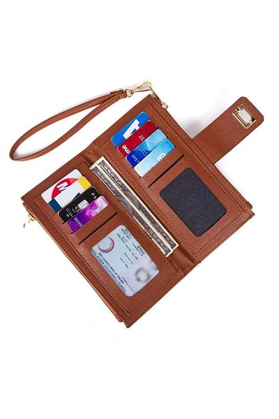 tuldar Women's Tan Soft Texture Hand Strap Locked Phone Paper Money Compartment Card Holder and Wallet