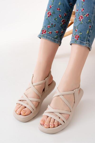 Aymood 841-841 Μπεζ Γυναικεία Σανδάλια - Ελαστικό Σχέδιο