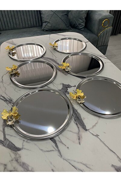 Mira züccaciye 6'lı Kelebekli Yuvarlak Gümüş Sunum Tepsisi Dekoratif Servis T...