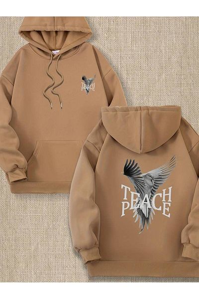 AMMA Unisex Oversize φούτερ με κουκούλα - Teach Peach Printed, 3 Thread Winter Hoodie