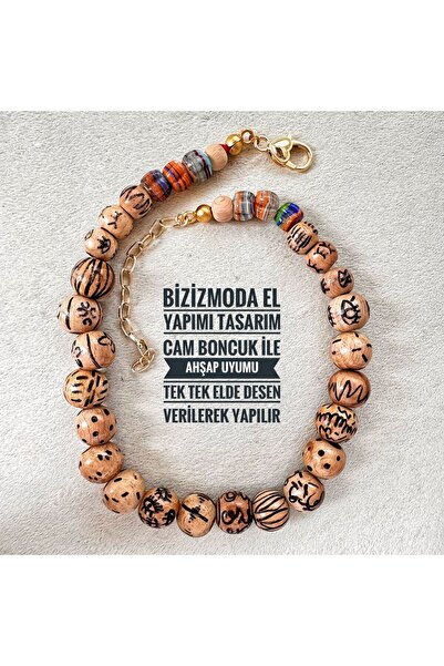 bizizmoda BİZMODA - قلادة مصنوعة يدويًا بتصميم عين للخرز الزجاجي وتصميم الخشب