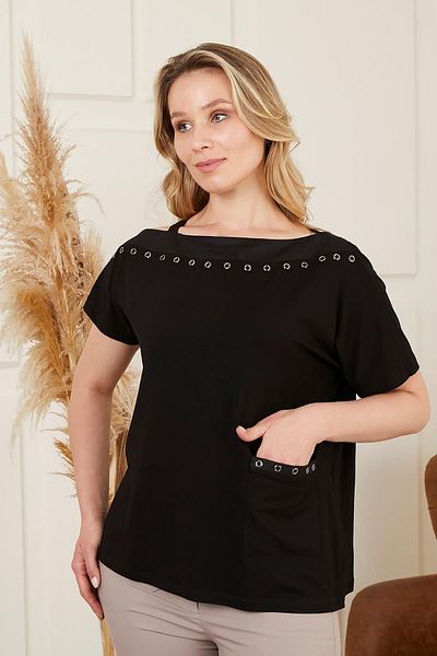 RMG Large Size Black T-Shirt with Staple Detail - Collar and Pocket