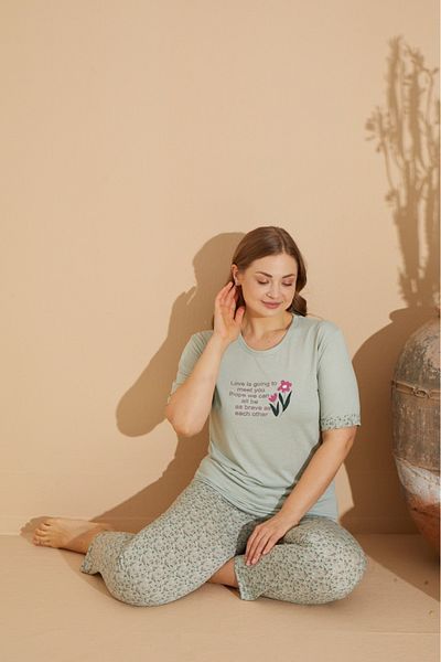 makkash Green Heart Printed Large Size Cotton Women's Pajama Set - Oversize Long