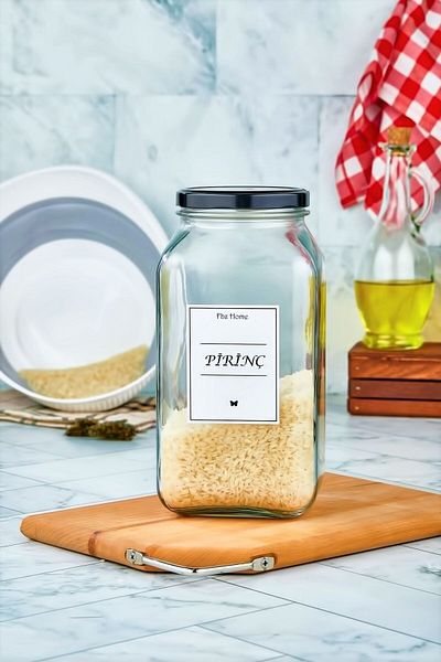 FBZhome حاوية تخزين زجاجية لجرة الأرز سعة 3000 مل مع ملصق